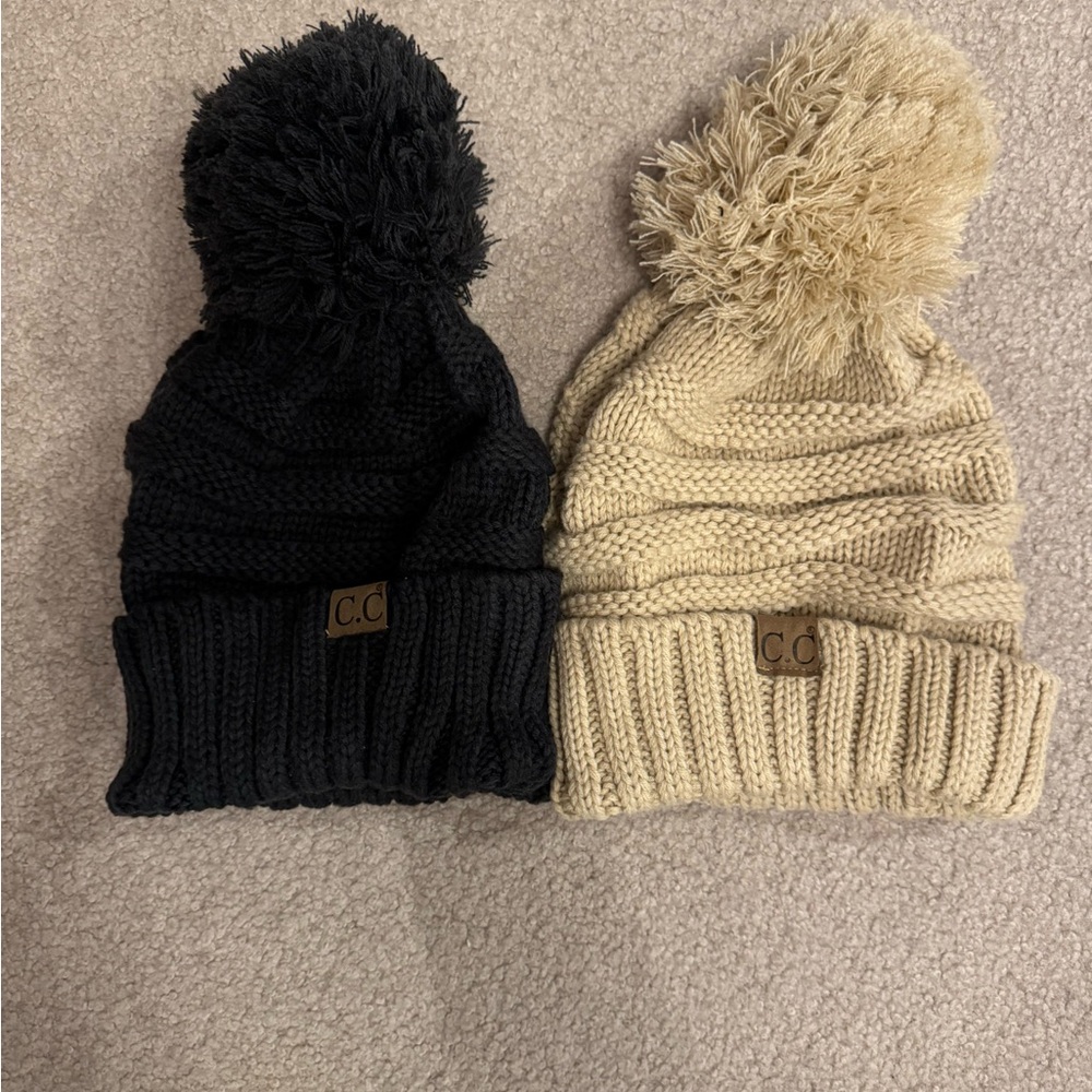 C.C Black and Cream Knitted Beanies with Pom-Poms